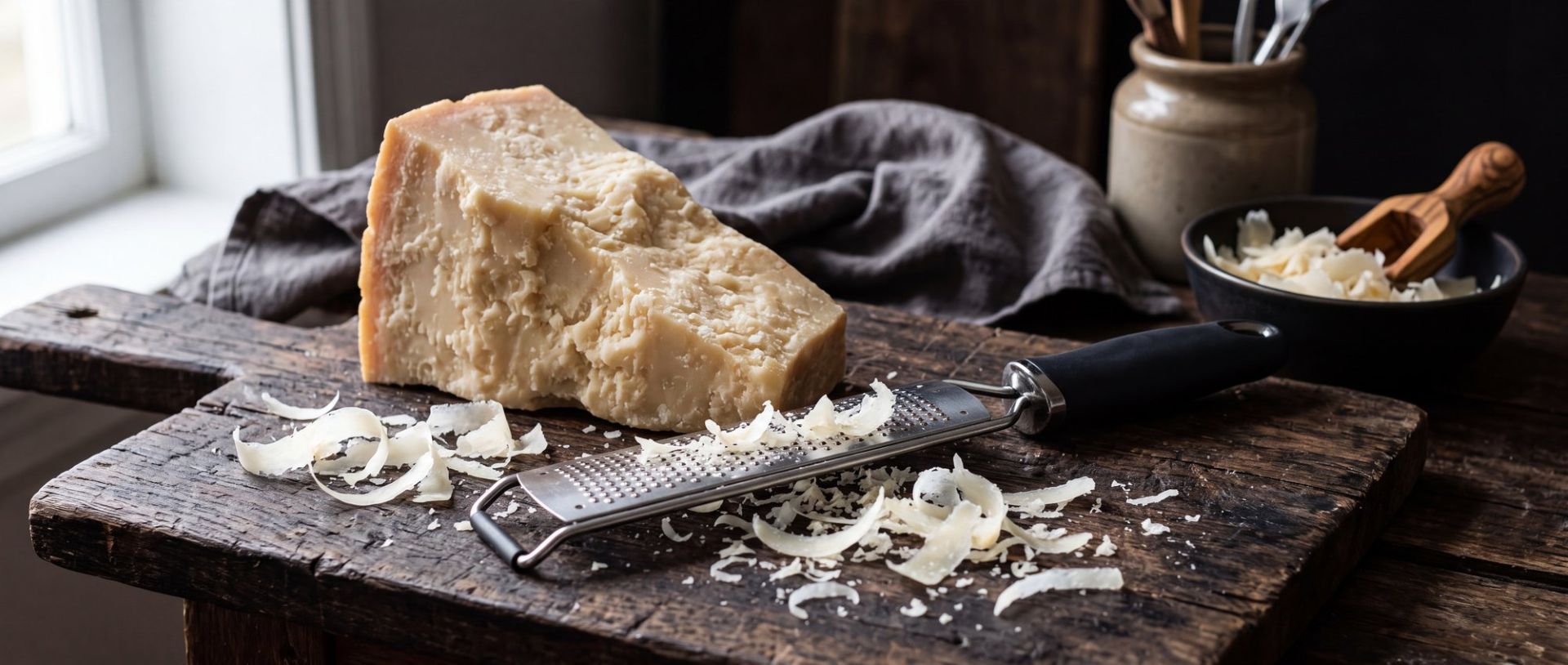freshly grated parmesan cheese on a rustic wooden board with a block of cheese